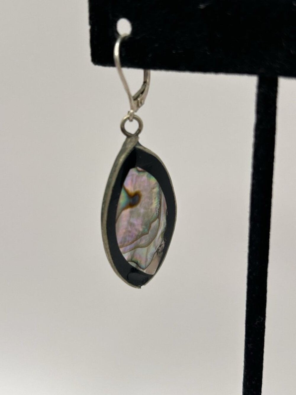 Vintage Abalone Shell Inlay Dangle Earrings 925 Sterling Silver Black Oval - Picture 6 of 14